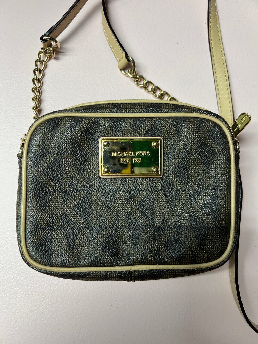 Michael Kors Monogram Small Crossbody Brown Beige Zip Chain Strap Gold Hardware